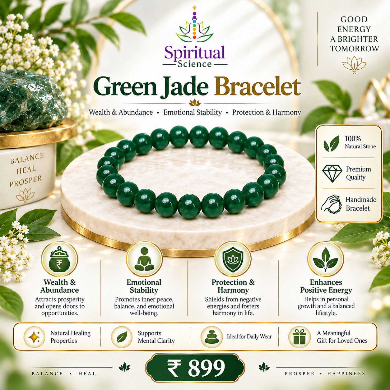 8 Natural Green Jade Bracelet for Wealth, Emotional Stability & Positive Energy - Image 1