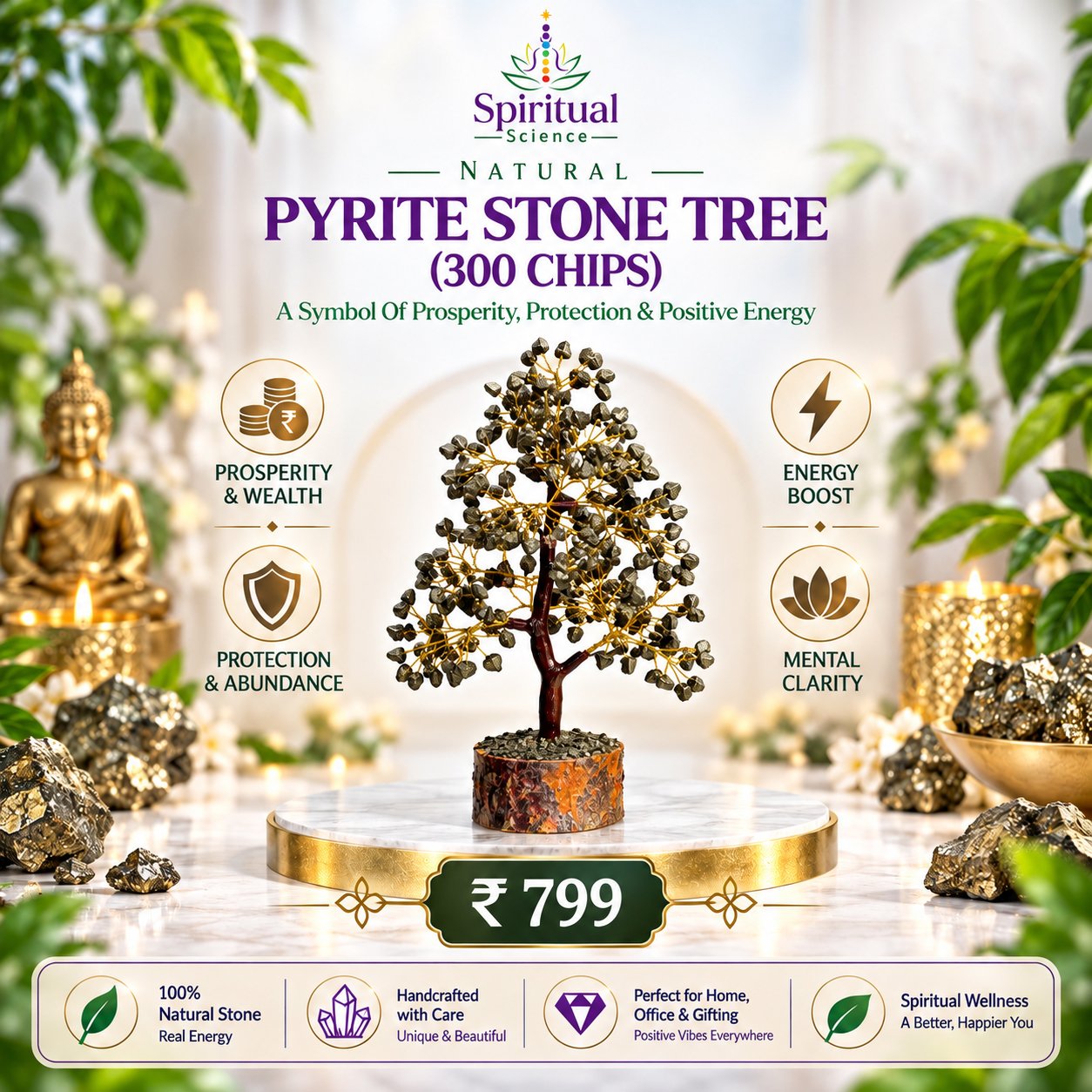31 Natural Pyrite Stone Tree (300 Chips) – Symbol of Prosperity, Protection & Positive Energy for Home & Office Decor - Image 1