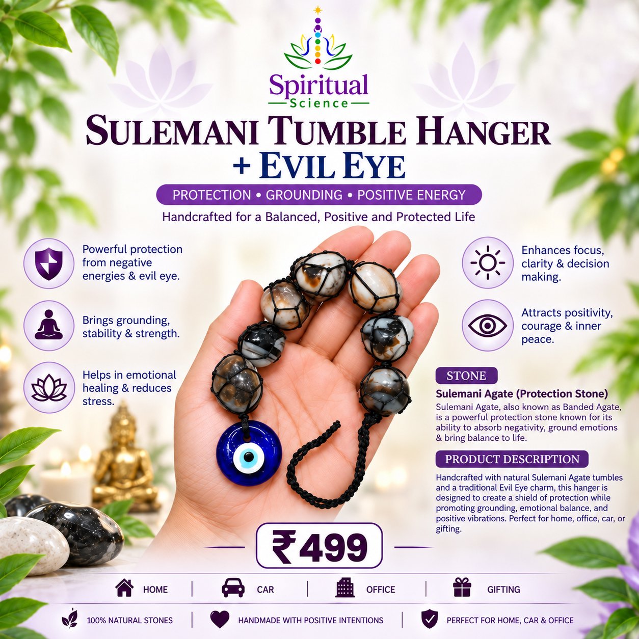 35 Sulemani Tumble Hanger + Evil Eye – Natural Agate Protection Hanging for Home, Car, Office & Gifting - Image 1