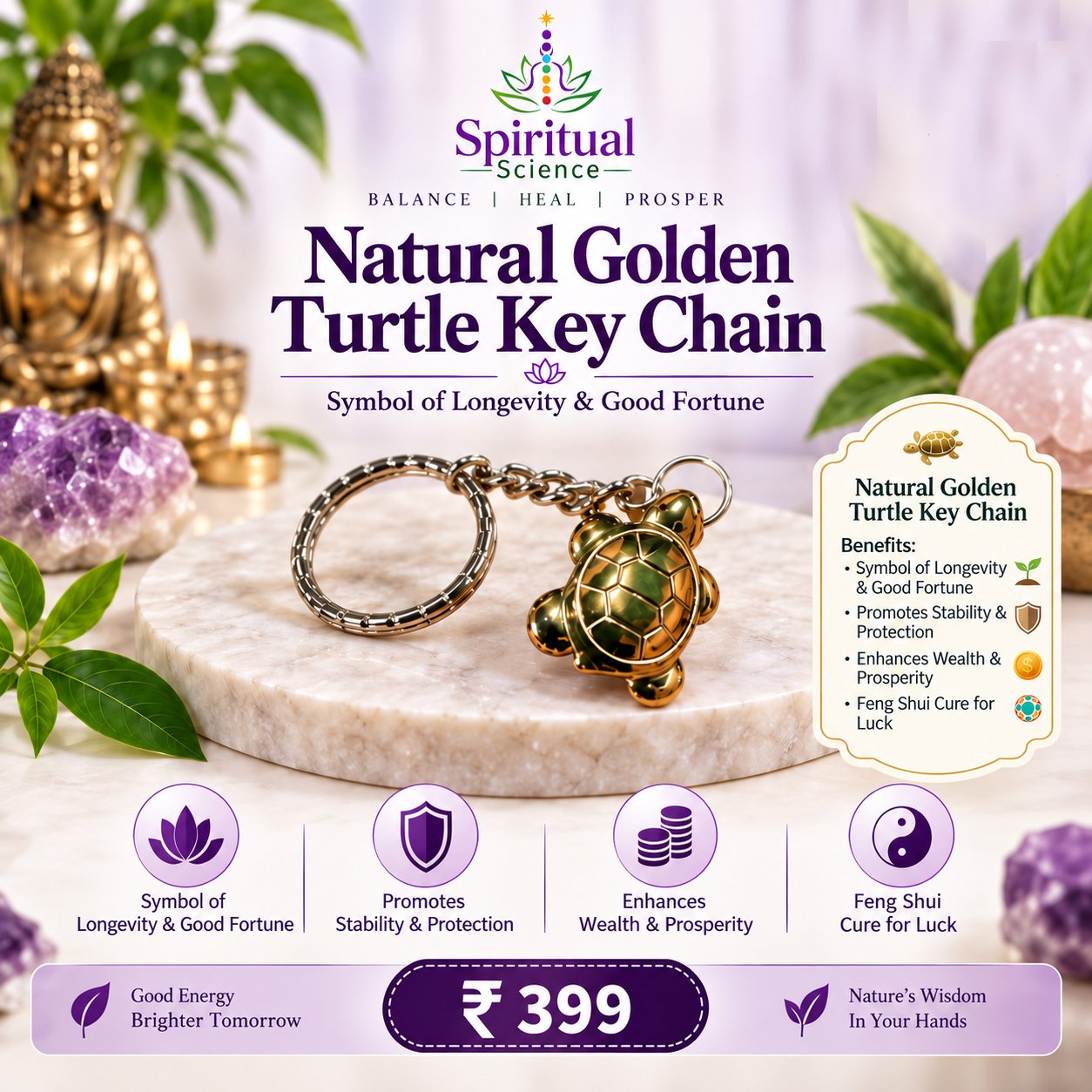 36 Natural Golden Turtle Key Chain – Symbol of Longevity, Good Fortune, Wealth & Prosperity - Image 1