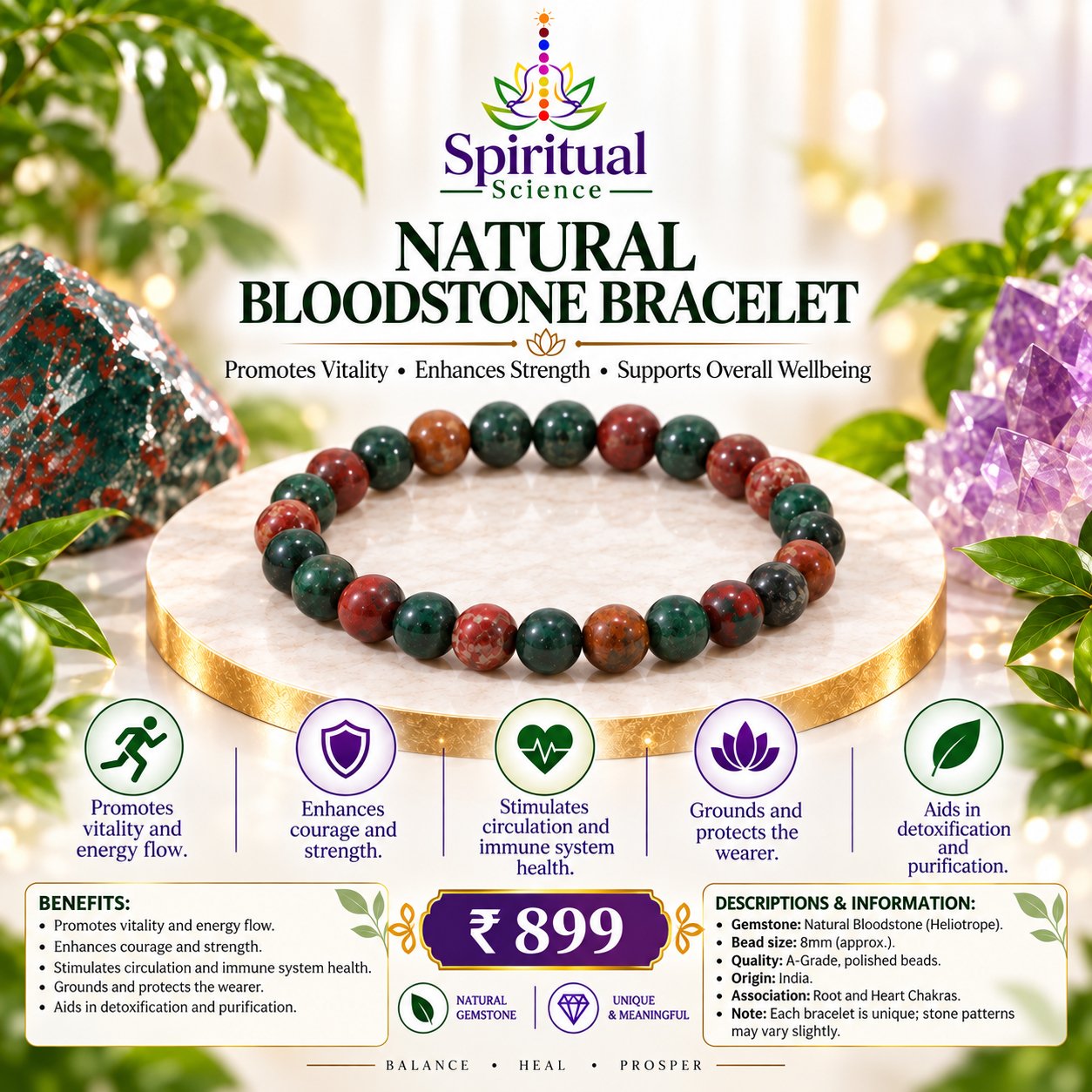 46 Natural Bloodstone Bracelet – Promotes Vitality, Courage, Strength, Circulation & Overall Wellbeing - Image 1