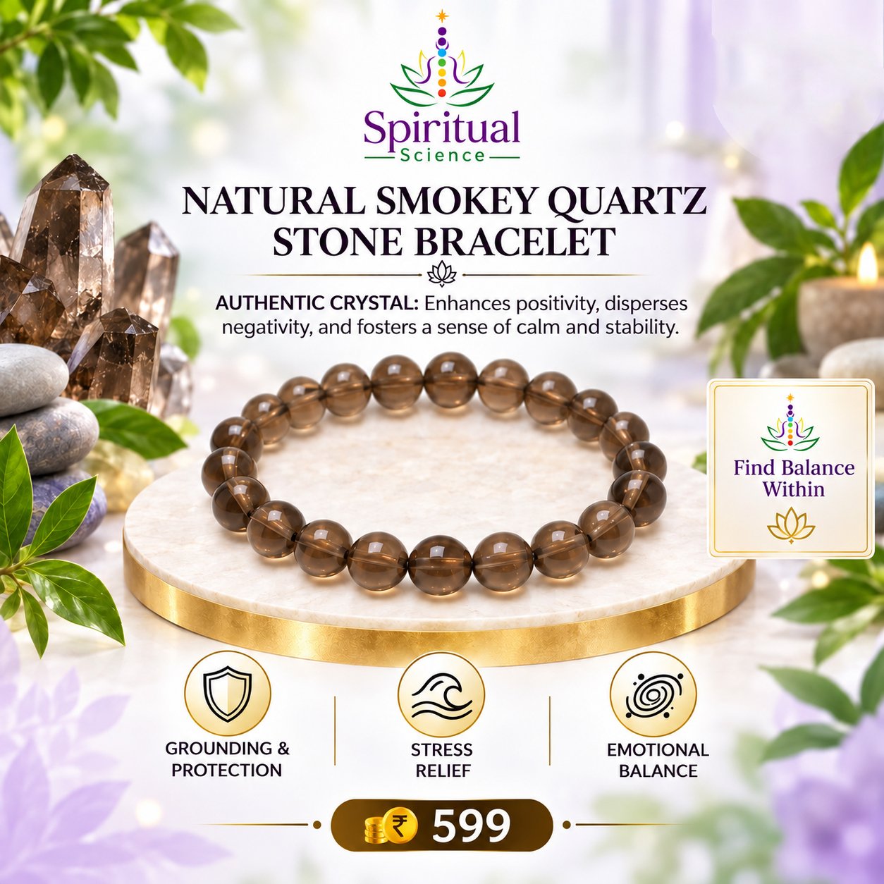 47 Natural Smokey Quartz Stone Bracelet – Authentic Crystal for Grounding, Protection, Stress Relief & Emotional Balance - Image 1