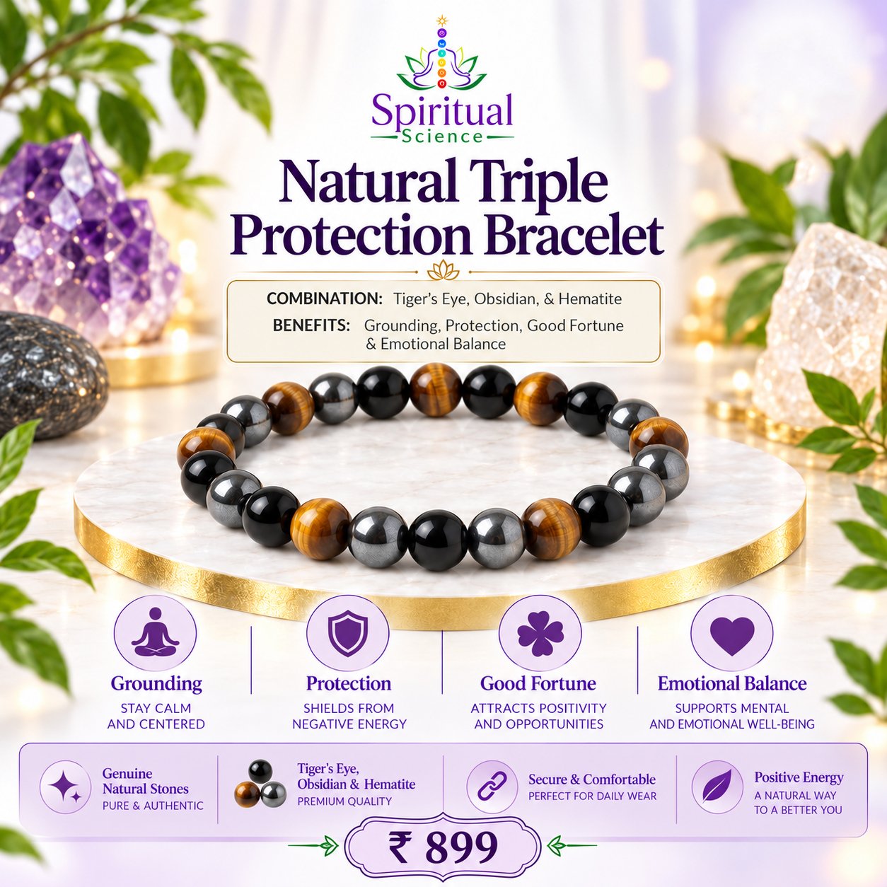 52 Natural Triple Protection Bracelet – Tiger's Eye, Obsidian & Hematite for Grounding, Protection & Good Fortune - Image 1