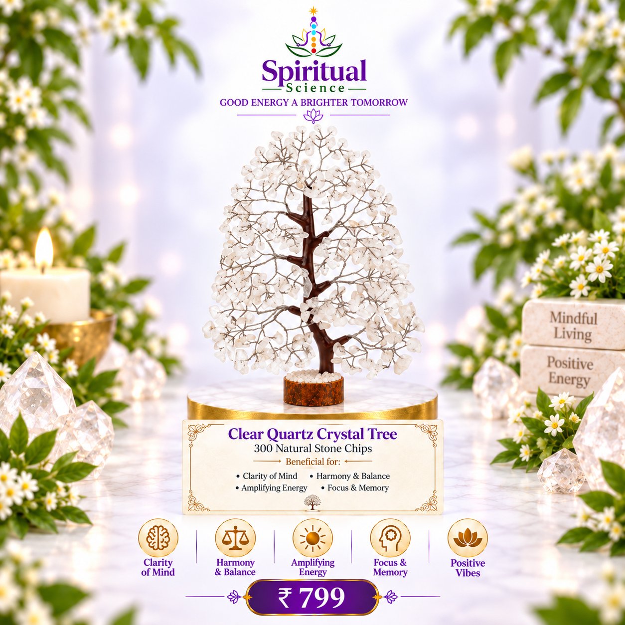 53 Clear Quartz Crystal Tree (300 Natural Stone Chips) – Amplifying Energy, Mental Clarity, Harmony & Focus - Image 1