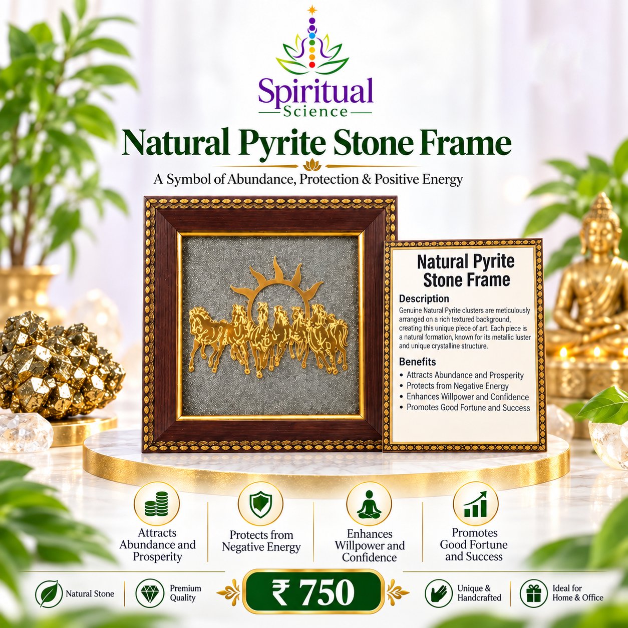 59 Natural Pyrite Stone Frame – 7 Running Horses Design for Abundance, Protection, Willpower & Success - Image 1