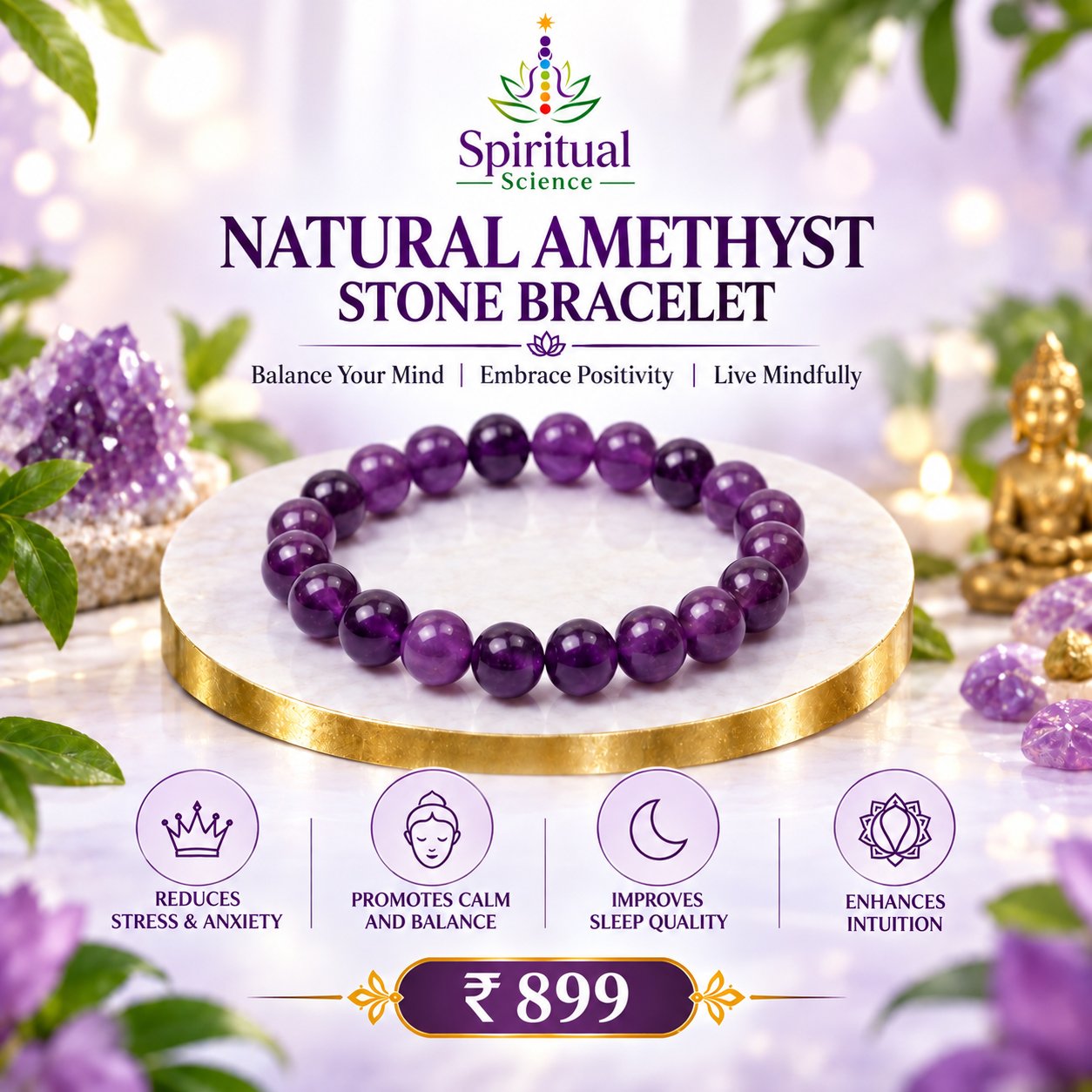 62 Natural Amethyst Stone Bracelet – Balance Your Mind, Embrace Positivity & Live Mindfully - Image 1